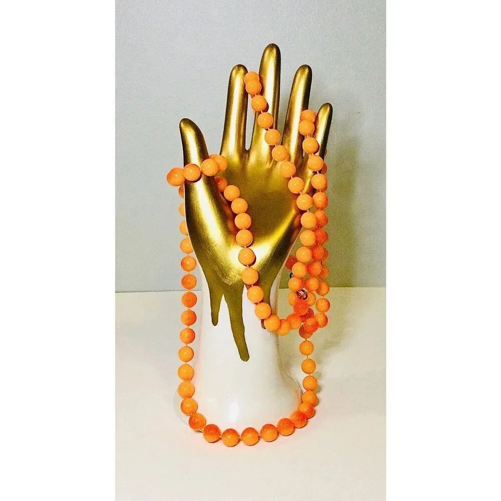 Vintage Womens Orange Round‎ Beaded Single Strand Long Necklace Fashion Jewelry